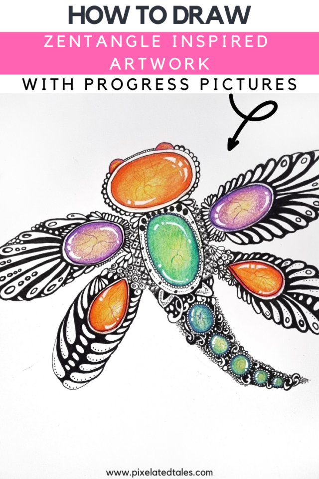 3D Zentangle Gemstone Dragonfly Art Tutorial| Pencil Color|