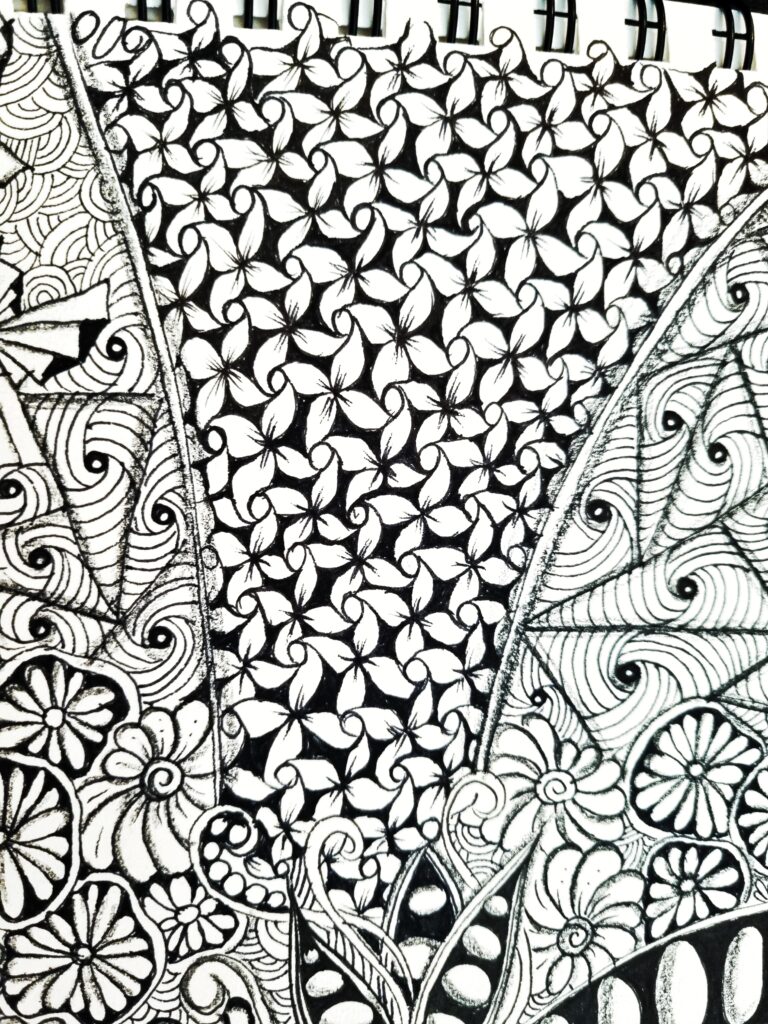 zentangle inspired artwork black pen drawing